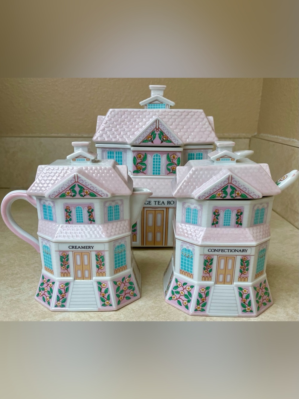 Lenox Village Tea Room 3 Pc Set 
Teapot, Creamer, Sugar w/ Spoon 
Vintage 1991